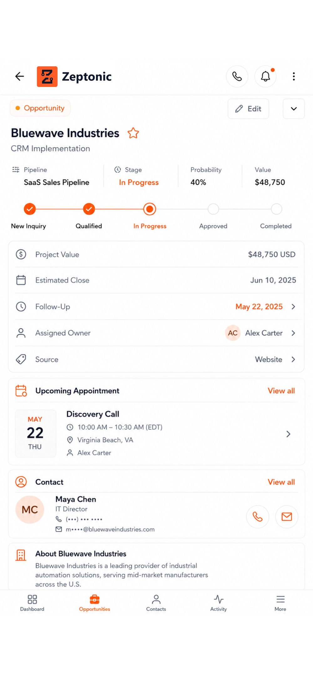 Zeptonic CRM Pipeline Mobile