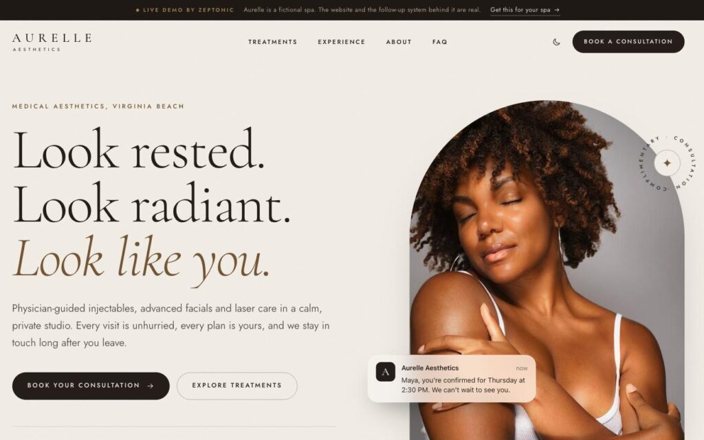 Aurelle Aesthetics med spa demo website on desktop