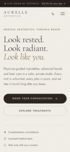 Aurelle Aesthetics med spa demo website on a phone