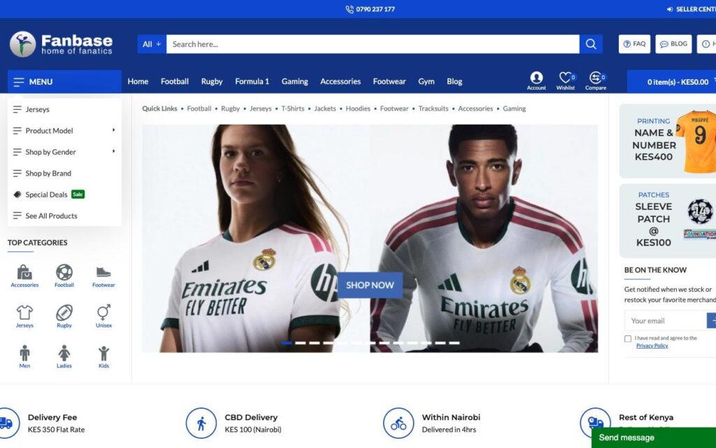 Fanbase Kenya sports merchandise store, desktop view
