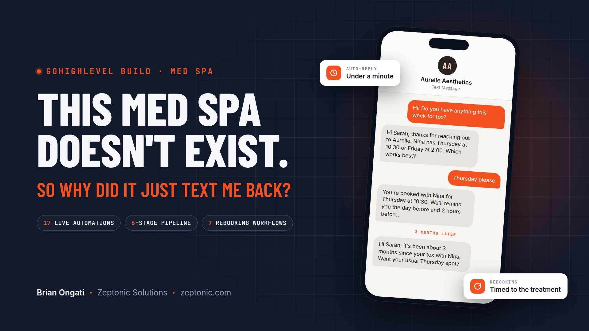 This med spa does not exist. So why did it just text me back? A phone showing Aurelle Aesthetics auto-replies, booking confirmation and a 3-month tox rebooking text.
