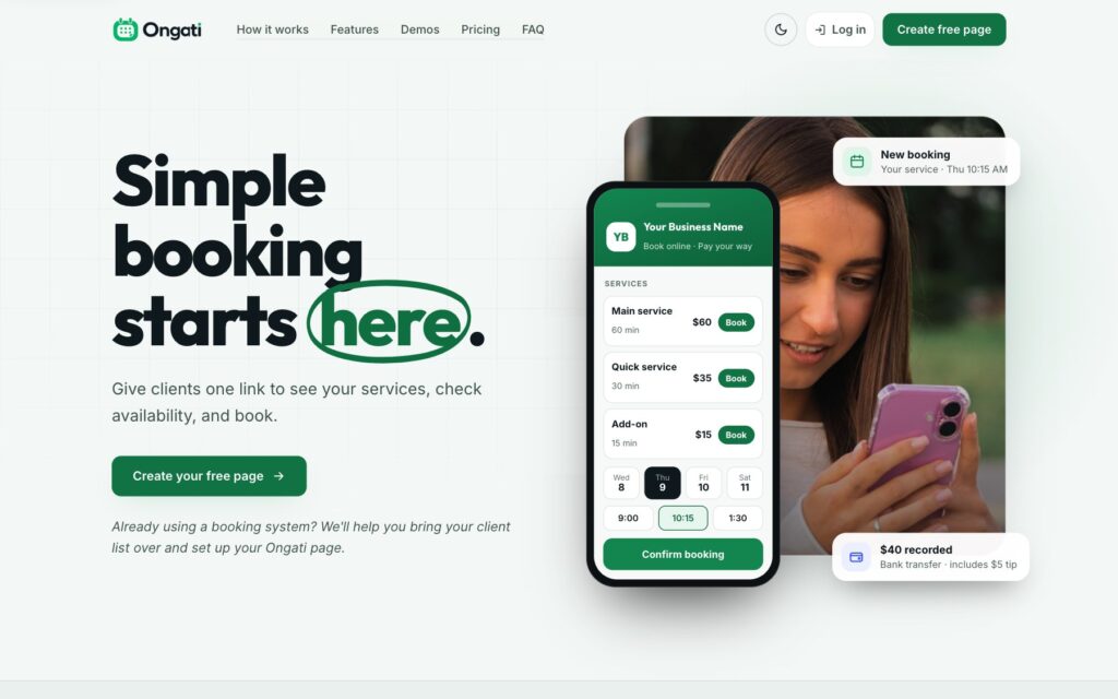 Ongati homepage on desktop: Simple booking starts here